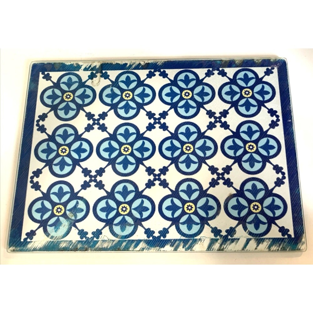 Blue & White Glass Mosaic Tile Art Panel 16.5” x 9.5” Distressed Painted Edge